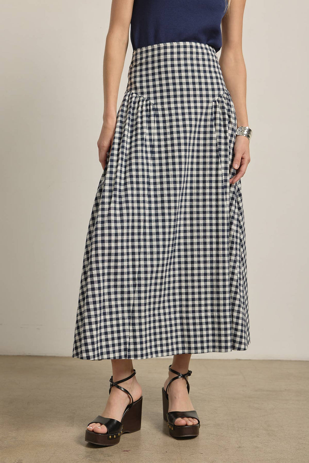 RASIONNEL Gingham Check Midi Skirt