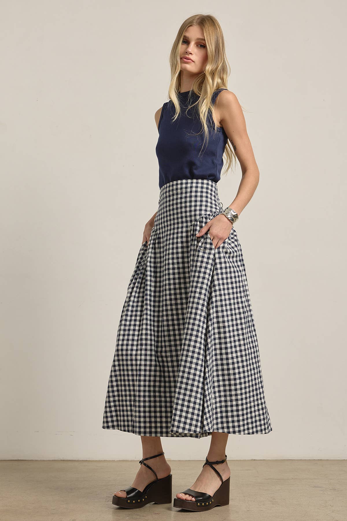 RASIONNEL Gingham Check Midi Skirt