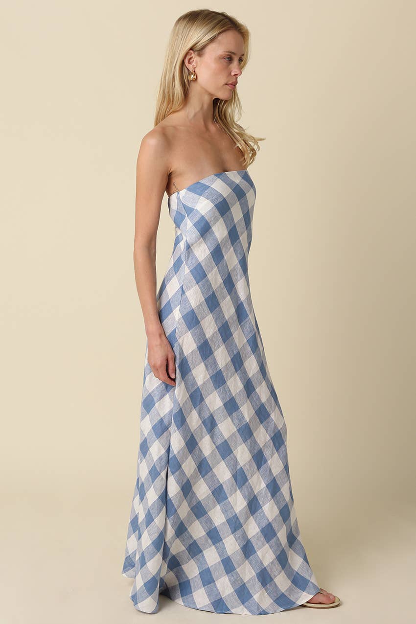 Erin Strapless Gingham Linen Maxi Dress