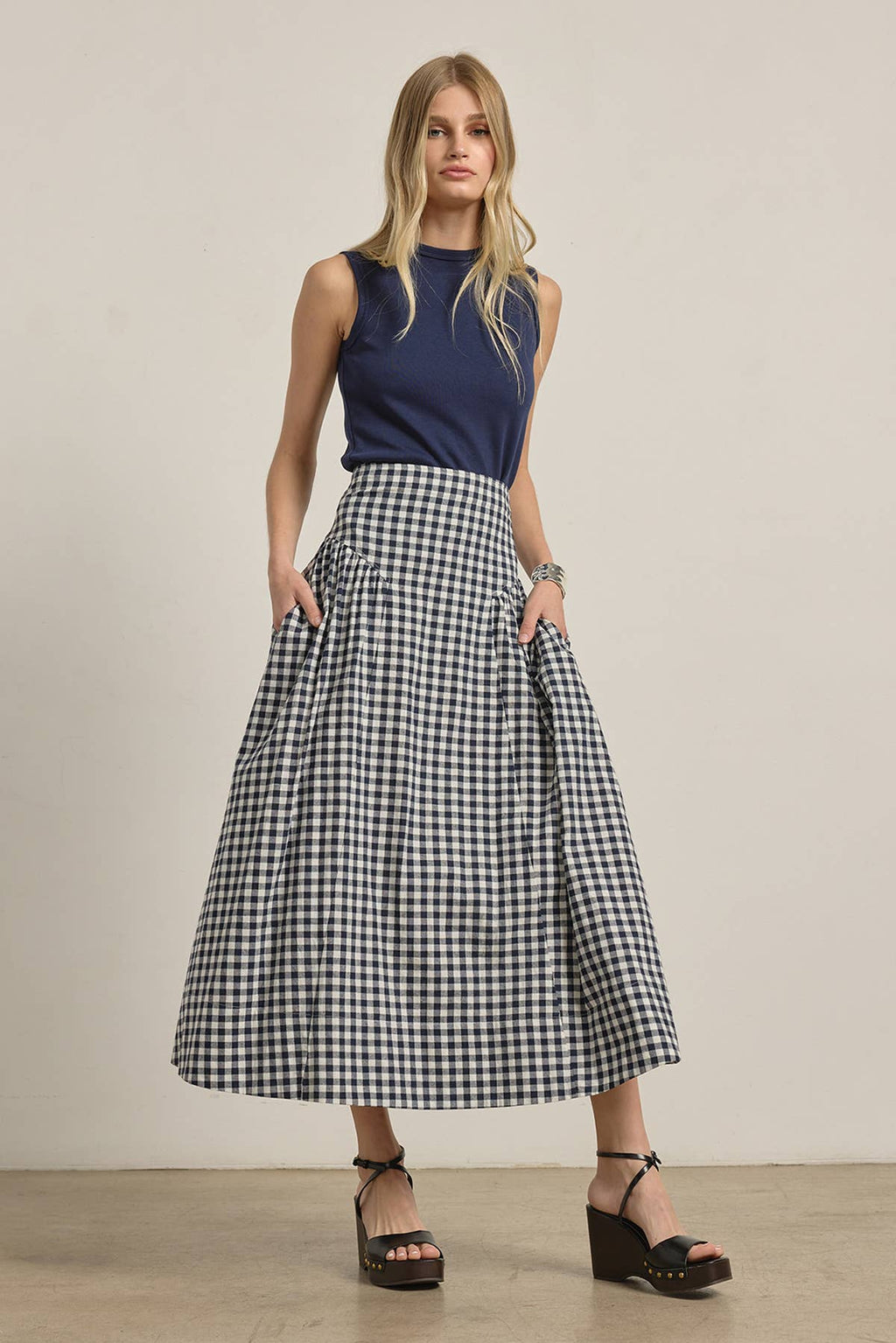 RASIONNEL Gingham Check Midi Skirt