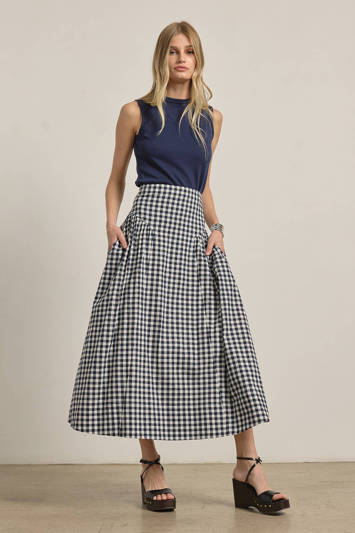 RASIONNEL Gingham Check Midi Skirt