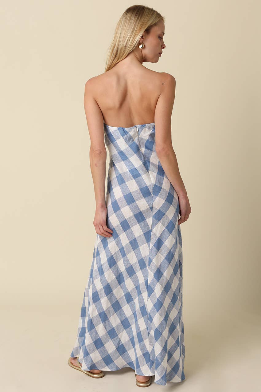 Erin Strapless Gingham Linen Maxi Dress