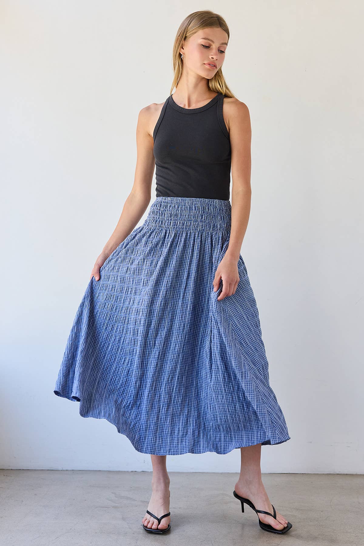 RAISONNEL Smocked Waist Check Midi Skirt