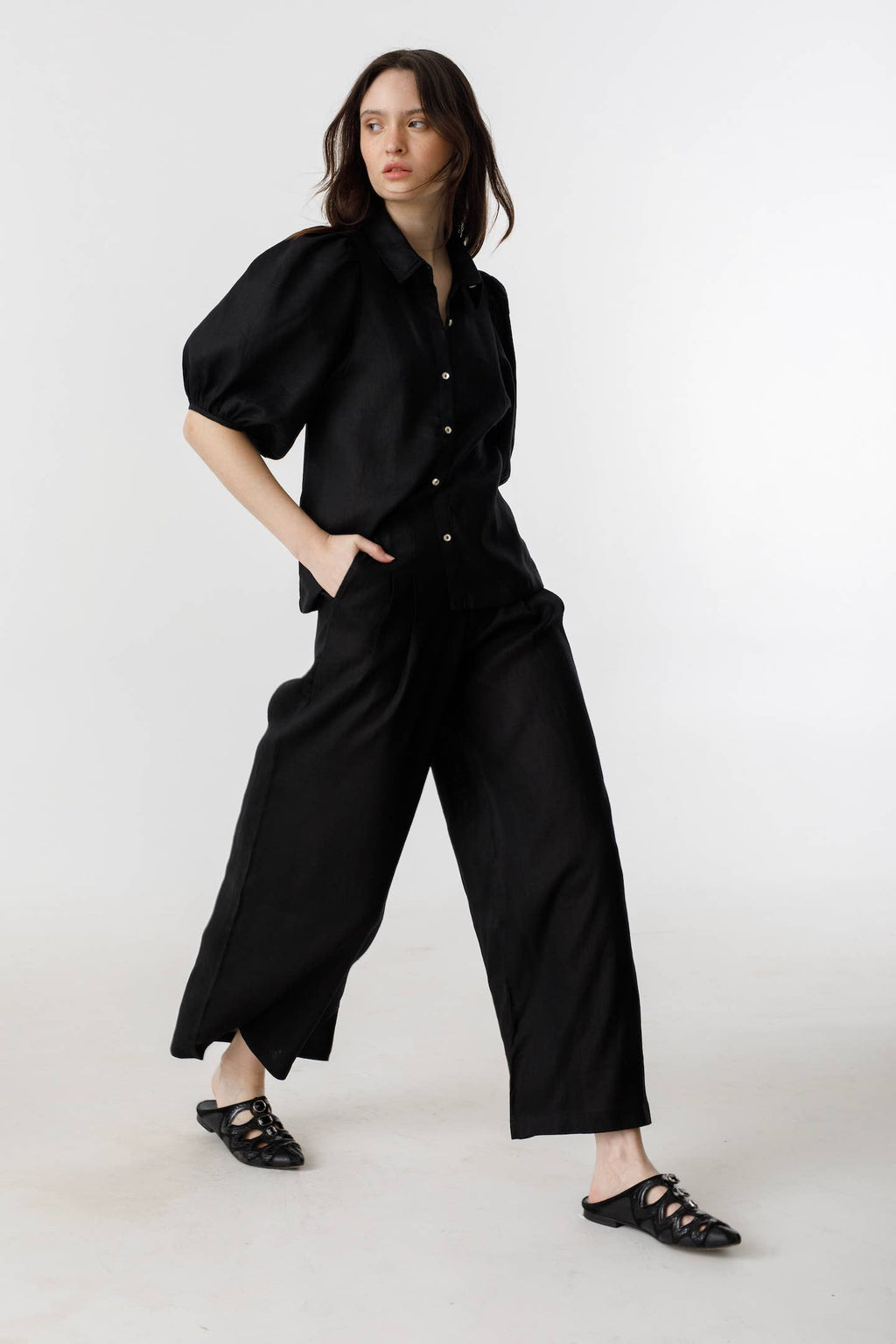 LANHTROPY Culotte Linen Pants - Black