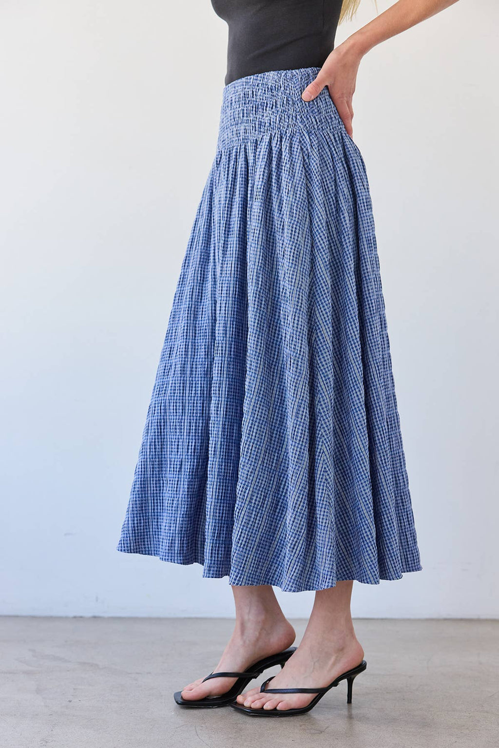 RAISONNEL Smocked Waist Check Midi Skirt