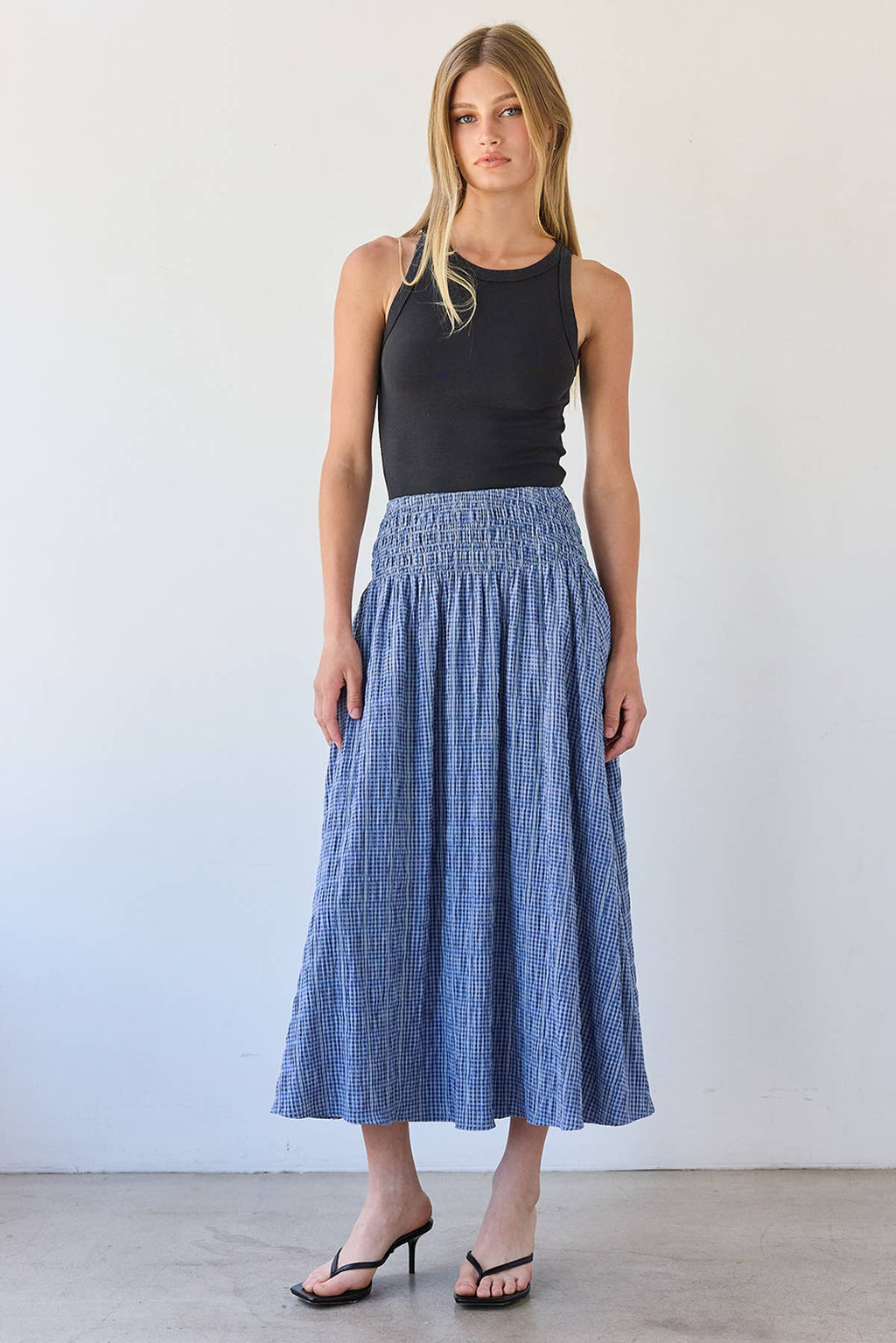 RAISONNEL Smocked Waist Check Midi Skirt