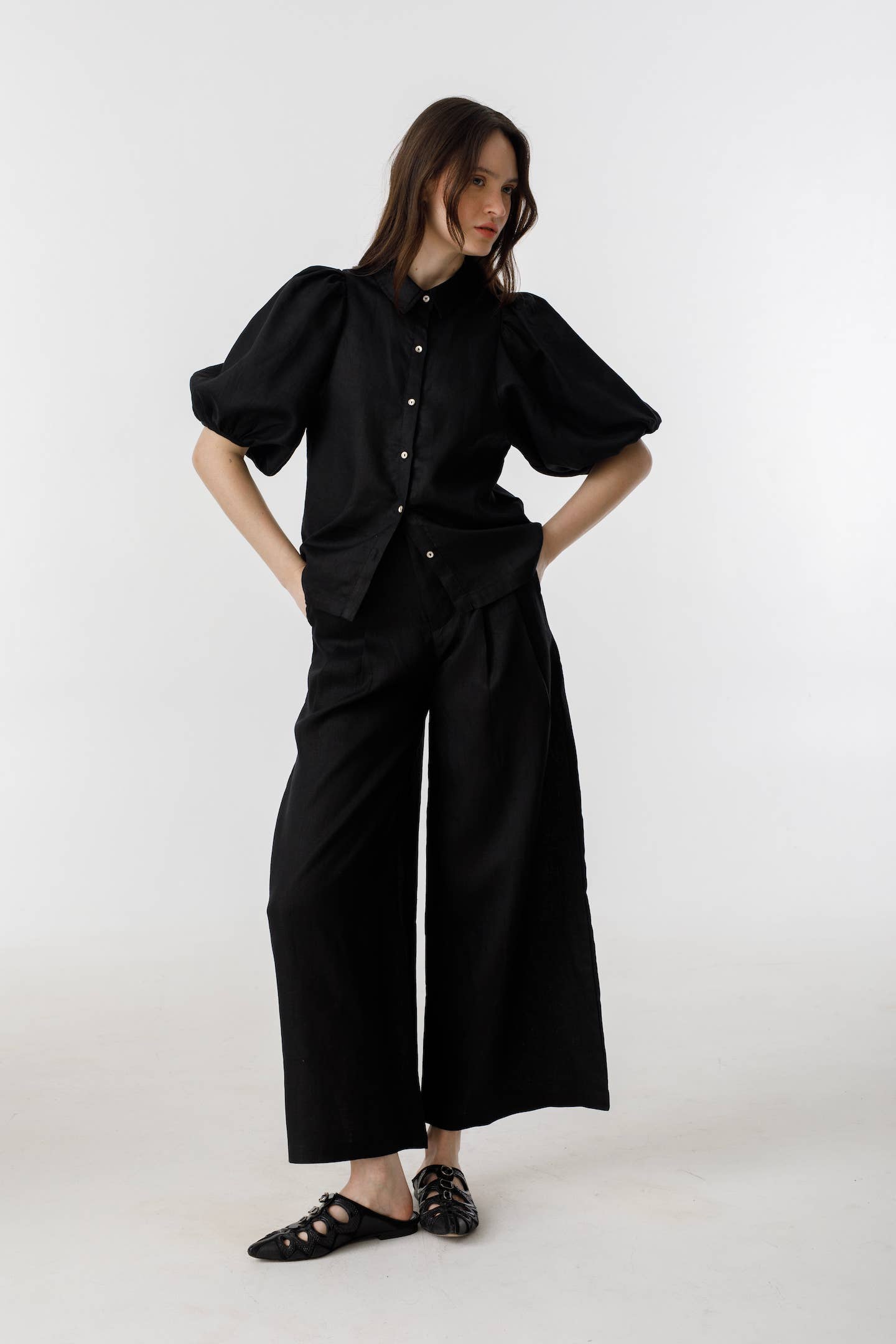 LANHTROPY Culotte Linen Pants - Black