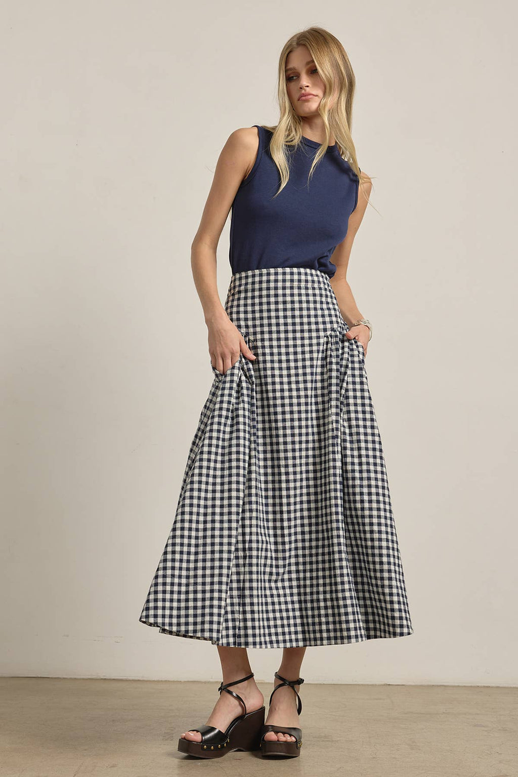 RASIONNEL Gingham Check Midi Skirt