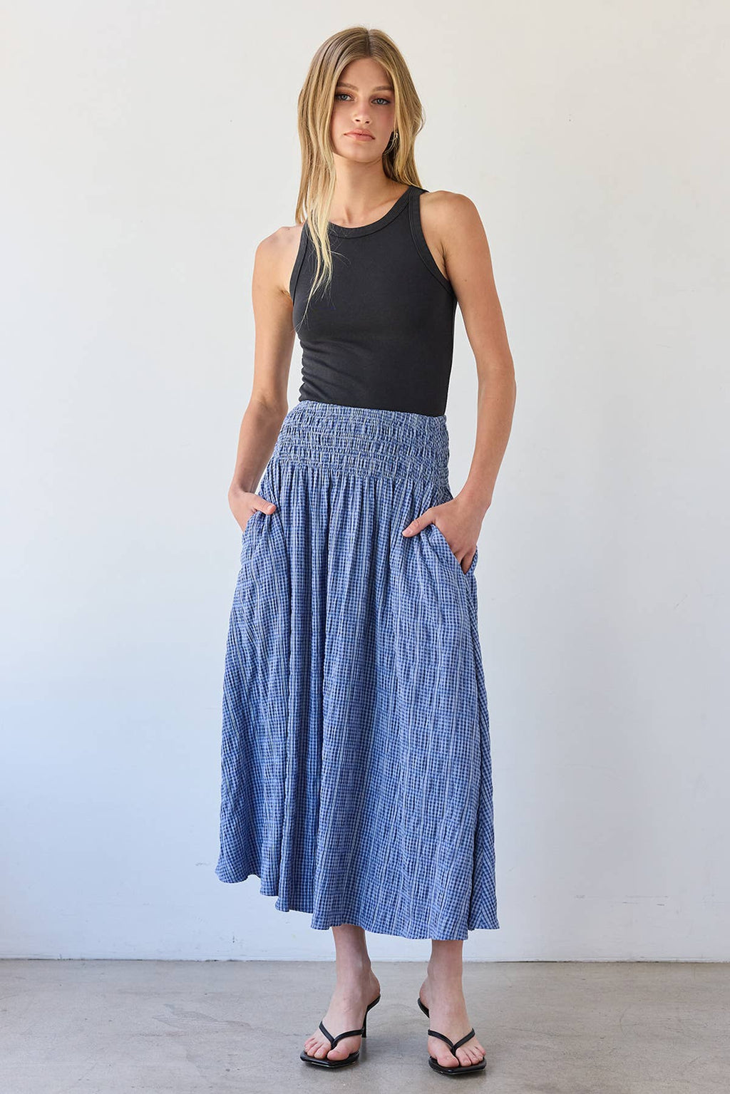 RAISONNEL Smocked Waist Check Midi Skirt