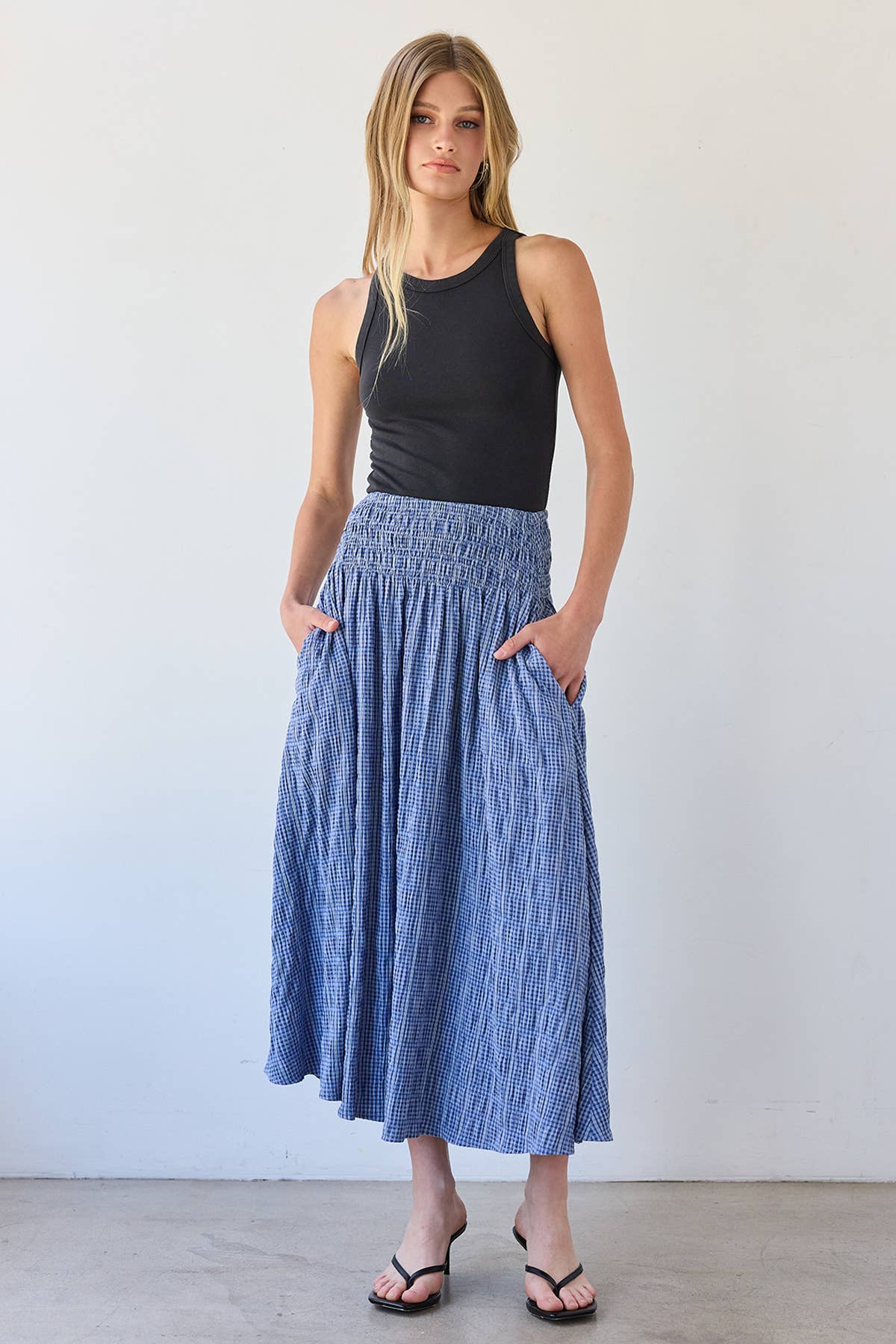RAISONNEL Smocked Waist Check Midi Skirt