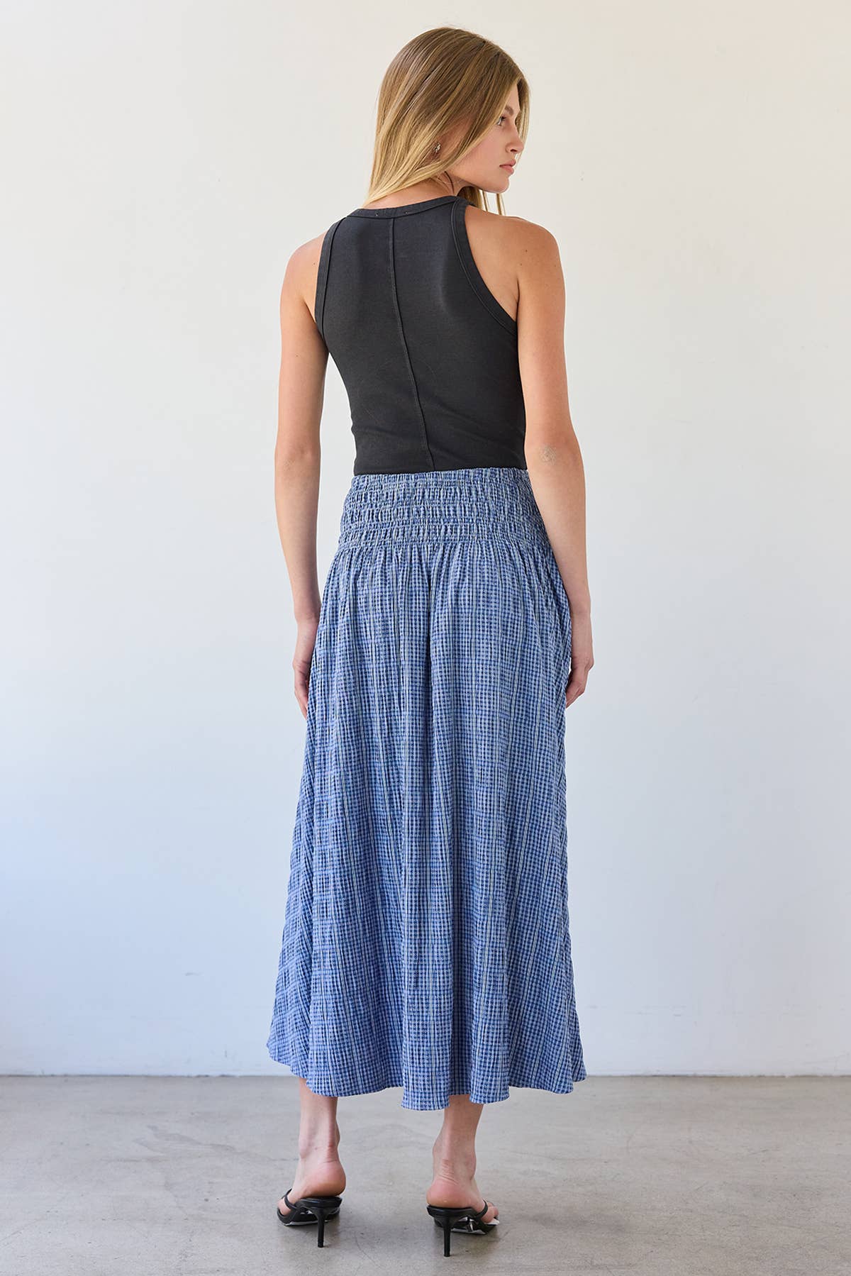 RAISONNEL Smocked Waist Check Midi Skirt