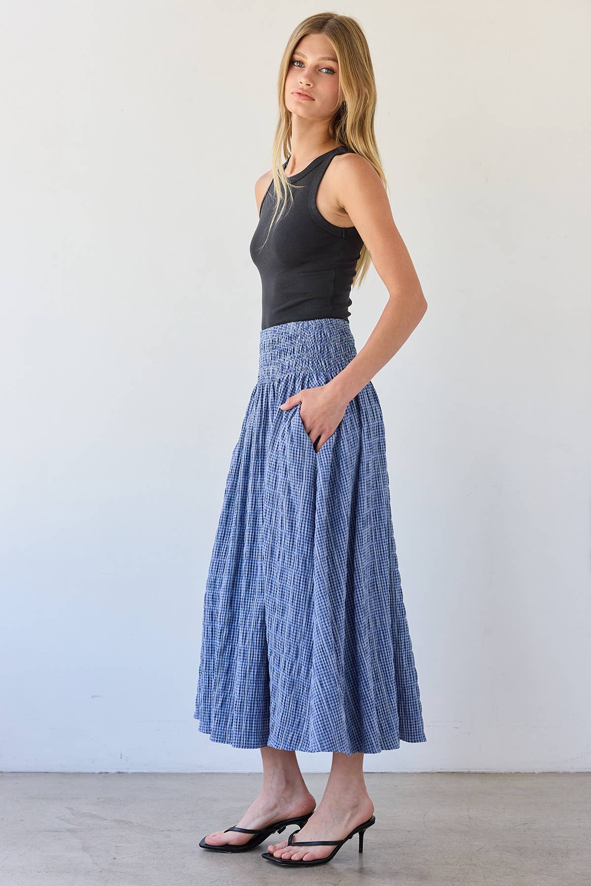RAISONNEL Smocked Waist Check Midi Skirt