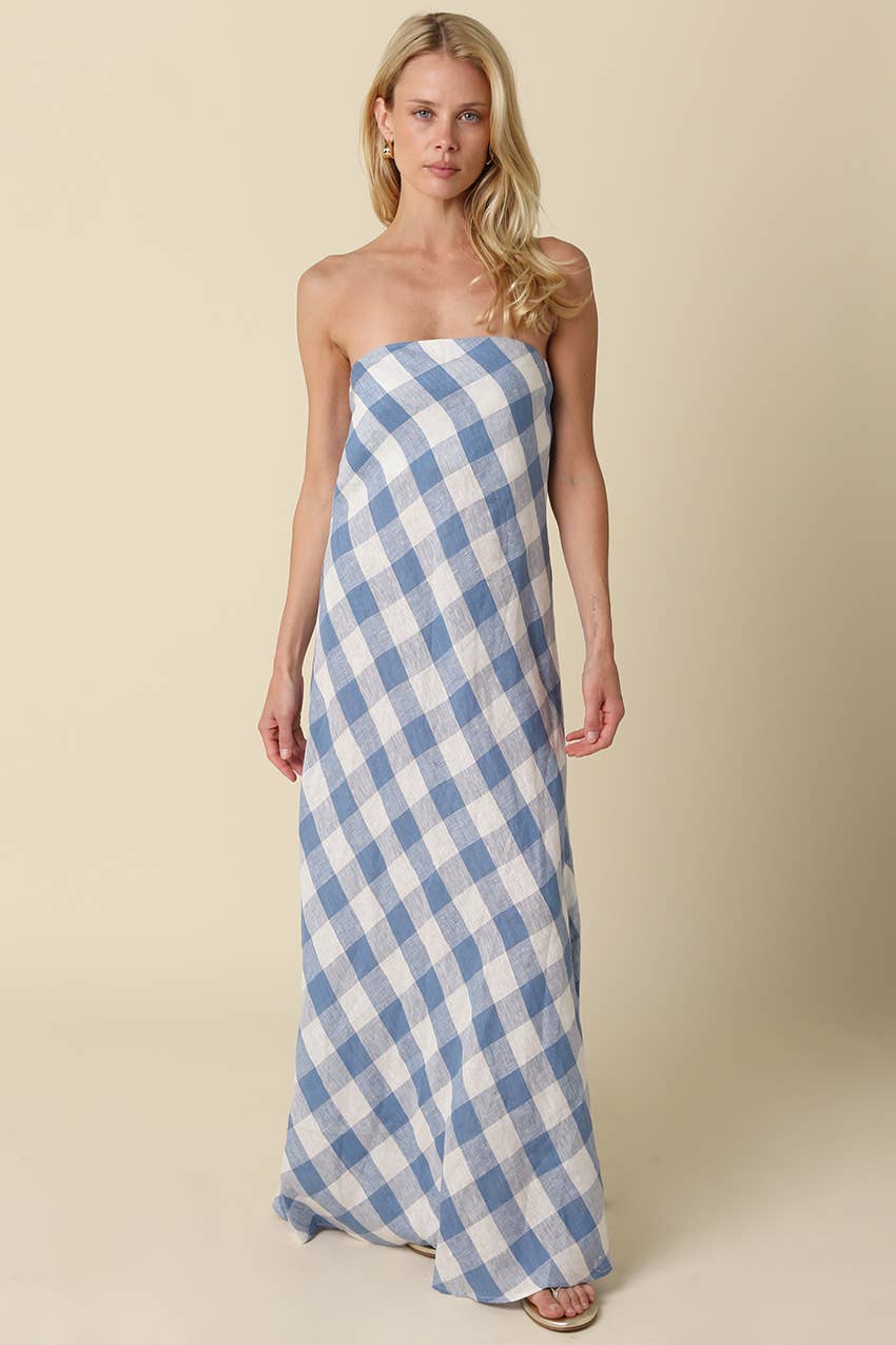 Erin Strapless Gingham Linen Maxi Dress
