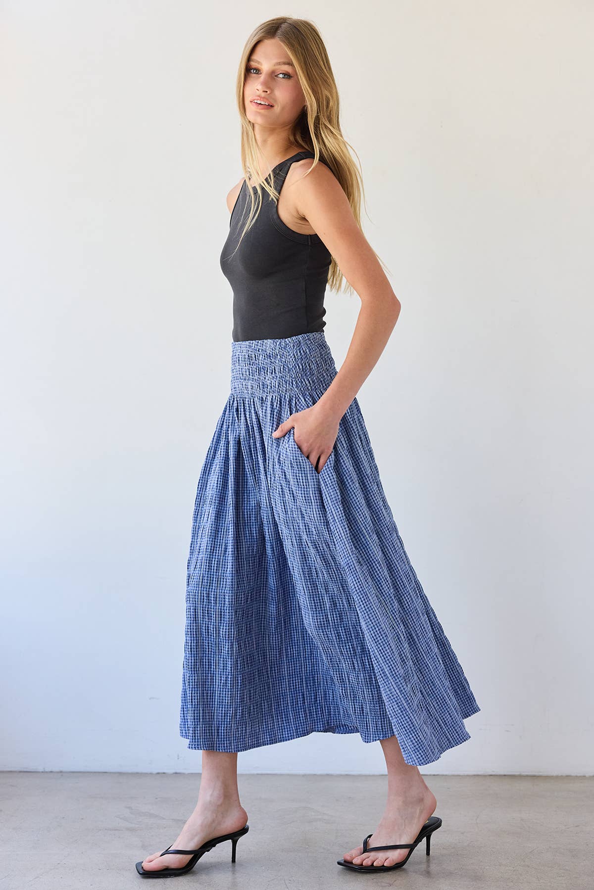 RAISONNEL Smocked Waist Check Midi Skirt