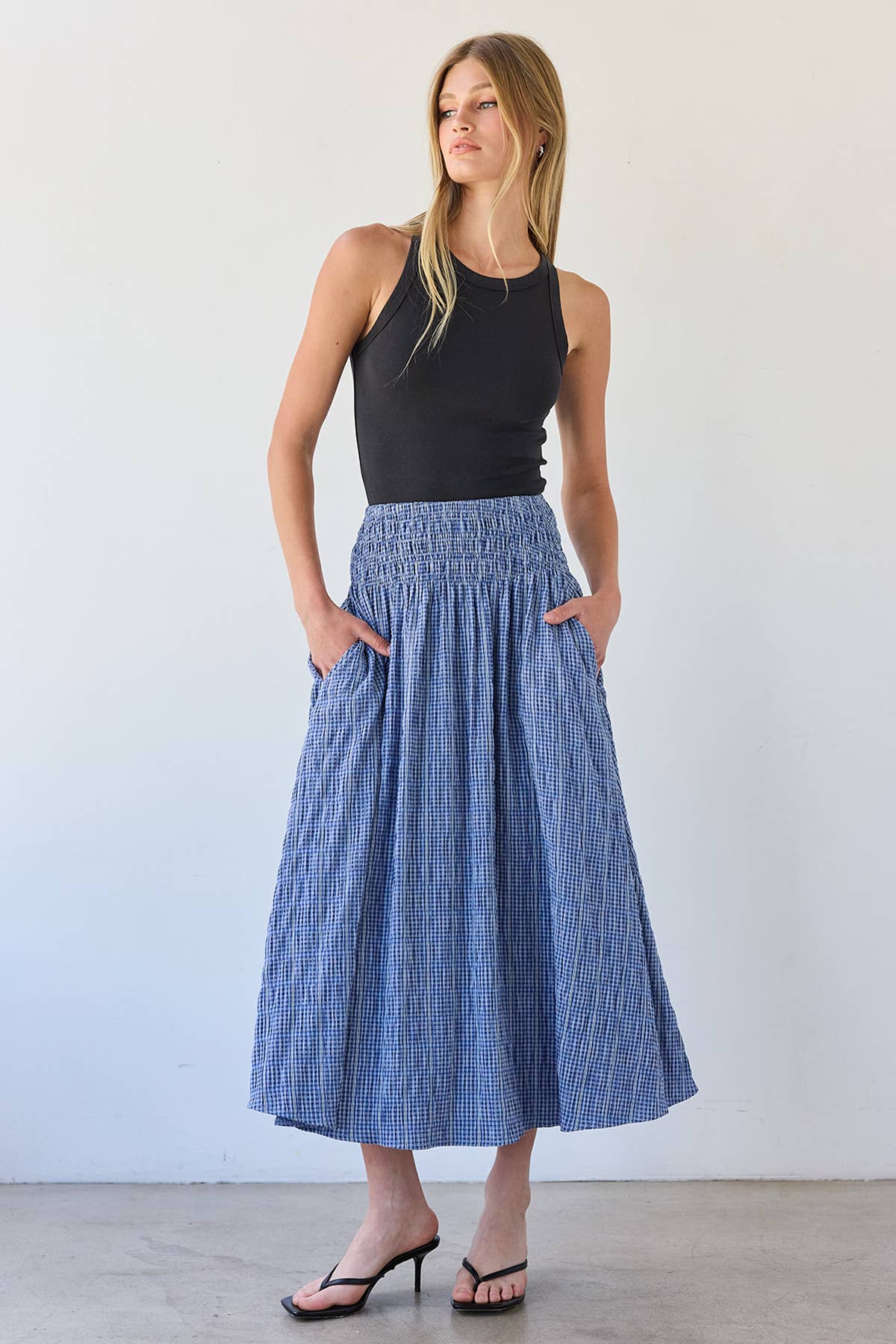 RAISONNEL Smocked Waist Check Midi Skirt